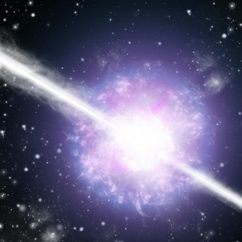 Collasso di una stella massiccia che genera un GRB lungo due getti antipodali (disegno artistico).