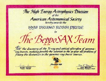 Bruno Rossi Prize 1998 to the BeppoSAX team