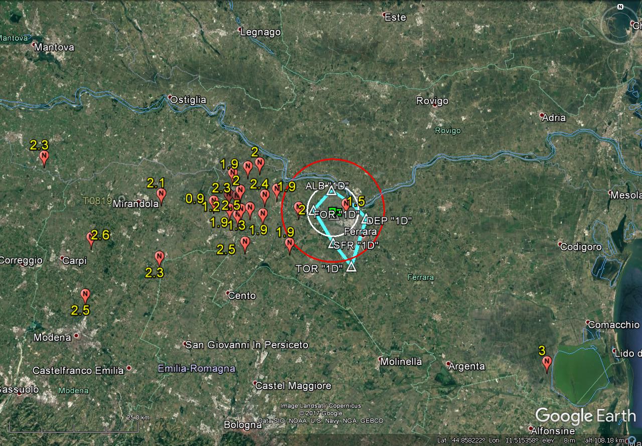 Mappa Magnitudo Eventi Sismici Registrati nel Periodo maggio 2017 - ottobre 2017 (limite raggio:50 km)
